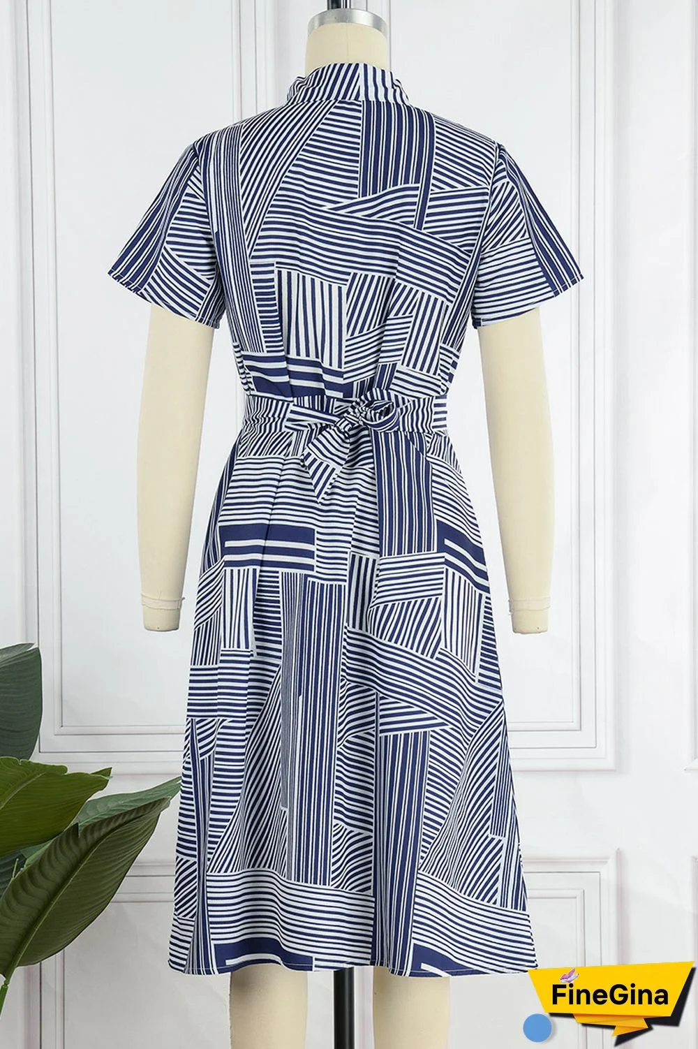 Blue Casual Print Patchwork Turndown Collar Short Sleeve Dress