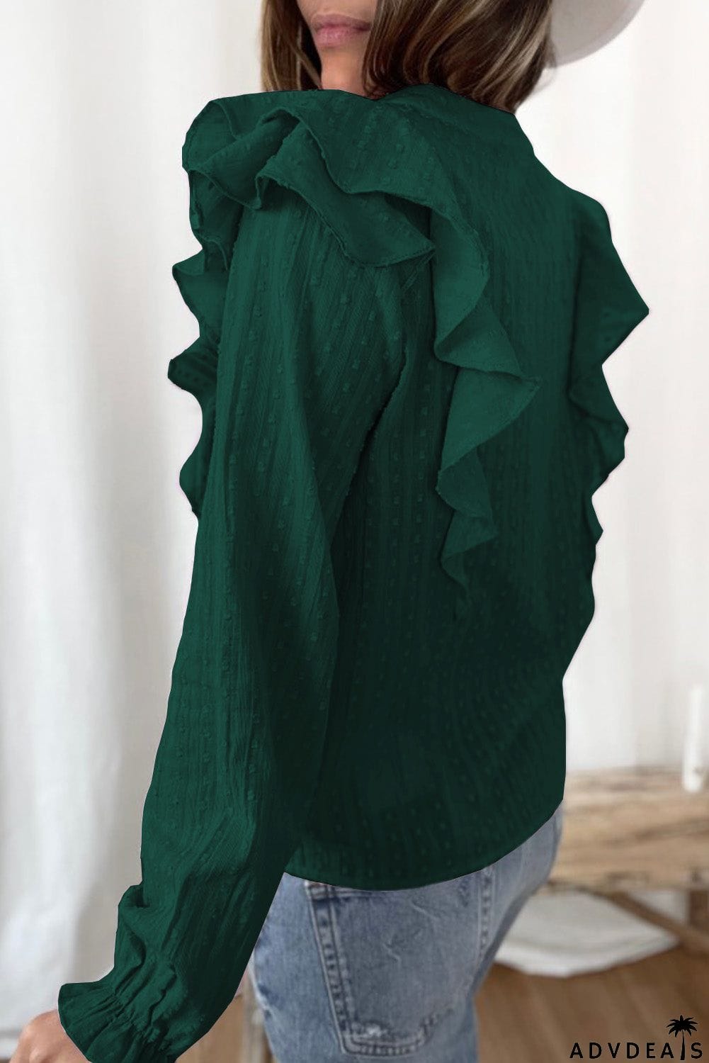 Dotted Texture Sheer Ruffles Bubble Sleeves Shirt