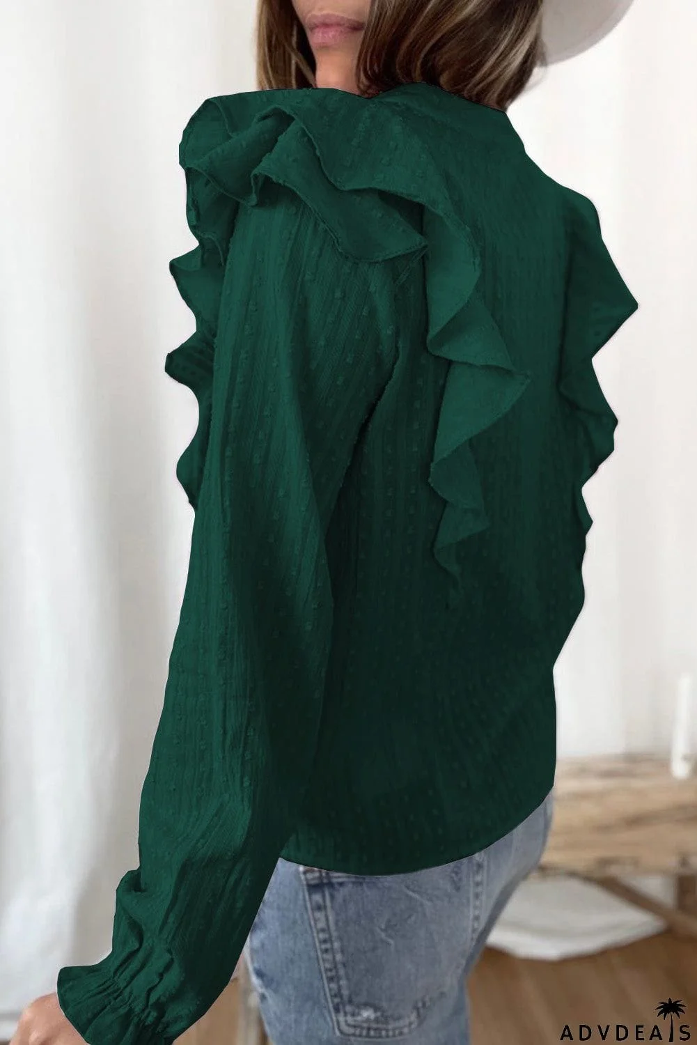 Dotted Texture Sheer Ruffles Bubble Sleeves Shirt