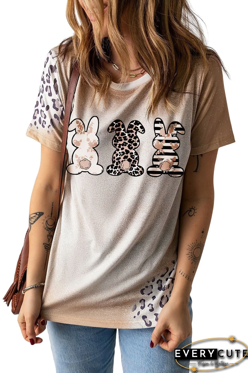 Khaki Easter Bunny Leopard Bleached Print Graphic Tee