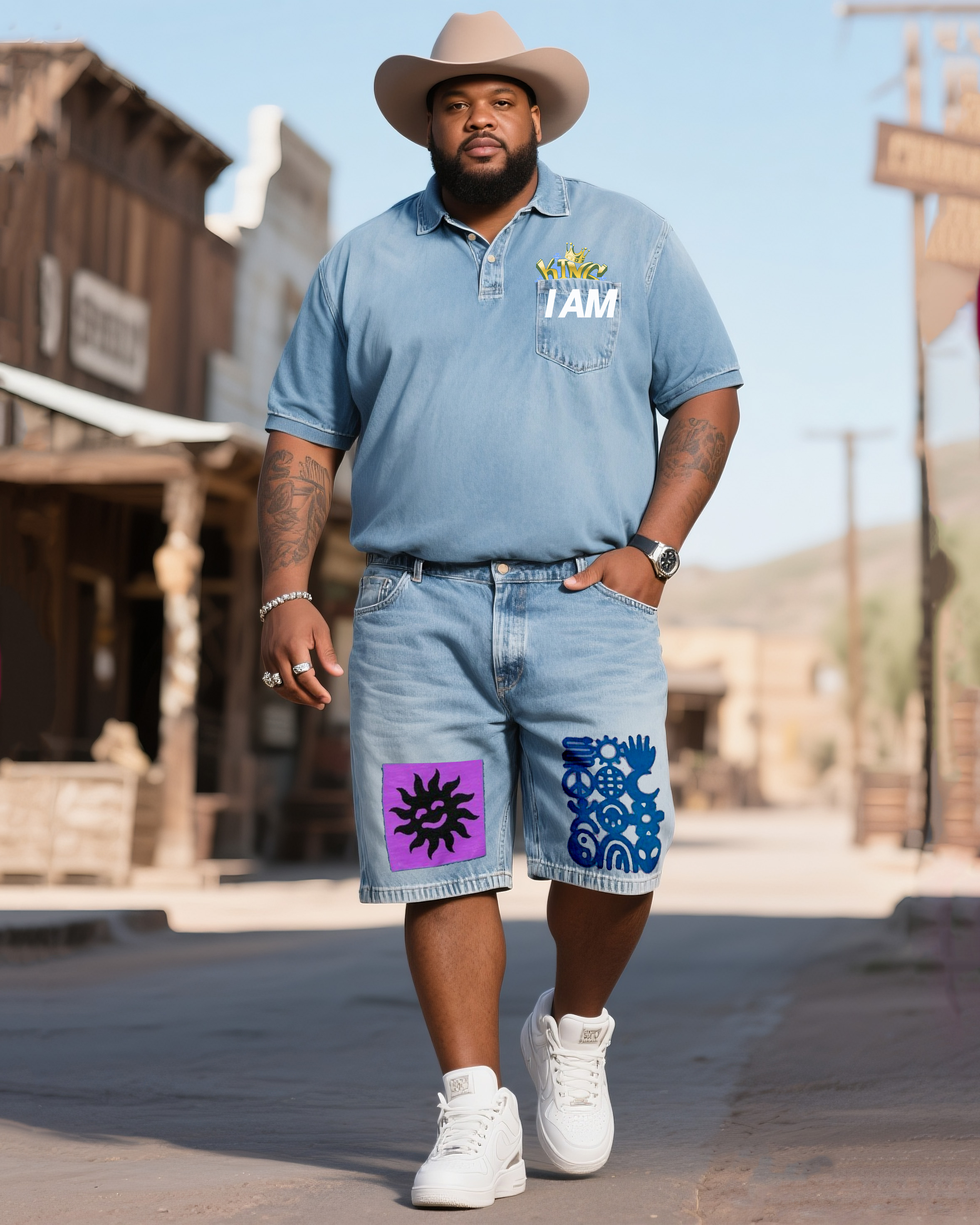 Big Shit Fashion Street I Am King Print Polo Short Sleeve Shorts Denim Suit
