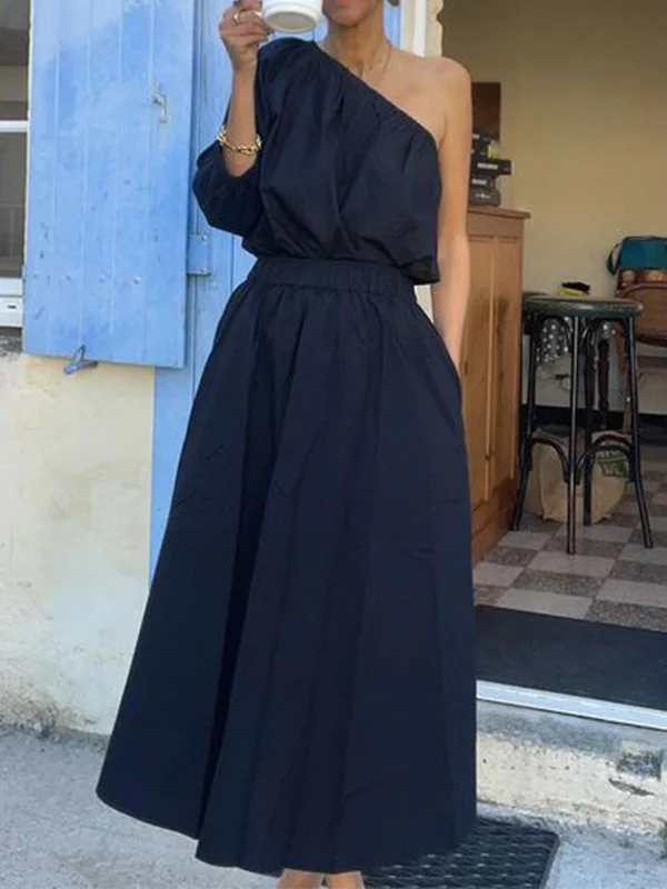 Woherb Woherb 2024 Summer New Women's Fashion Inclined Shoulder Jacket Long Skirt Suit Two Sets-Outfit Ideas