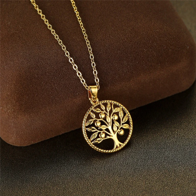 Luxury Female Tree Of Life Round Pendant Necklace Yellow Gold Color Chain Necklaces Charm Zircon Wedding Necklaces For Women