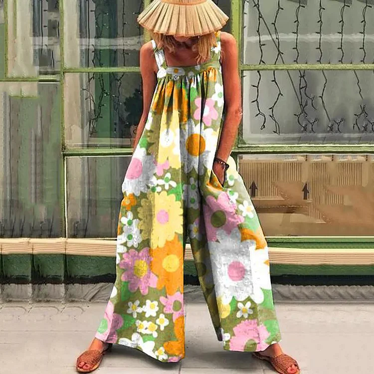 Casual Contrast Print Wide-Leg Jumpsuit