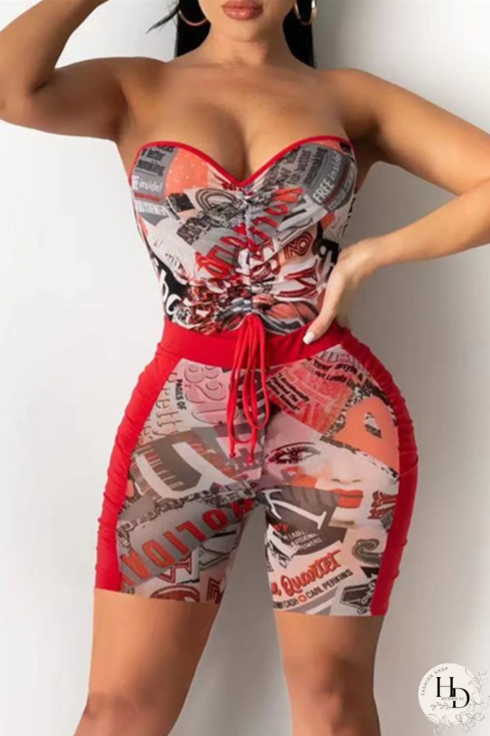 Red Fashion Sexy Print Backless Strapless Sleeveless Two Pieces