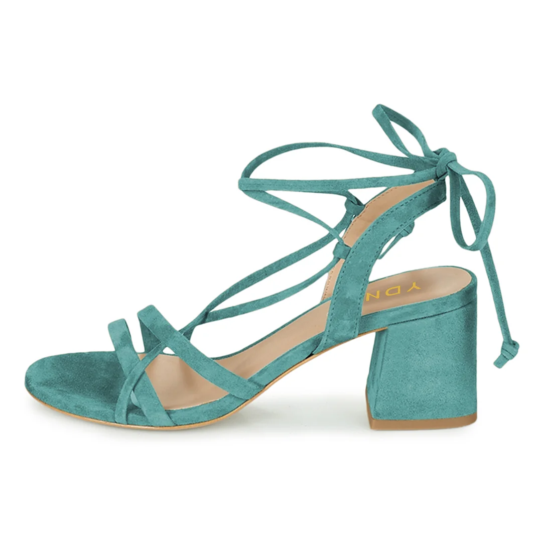Faux Suede Round Toe Lace-Up Chunky Heel Sandals in Turquoise