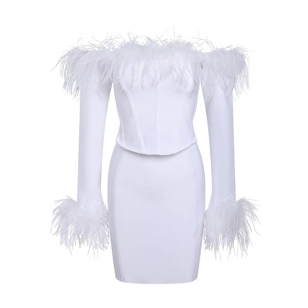 Uveng Uveng Dress 2025 New Shoulder Long-Sleeved Feather Dress For Exclusive