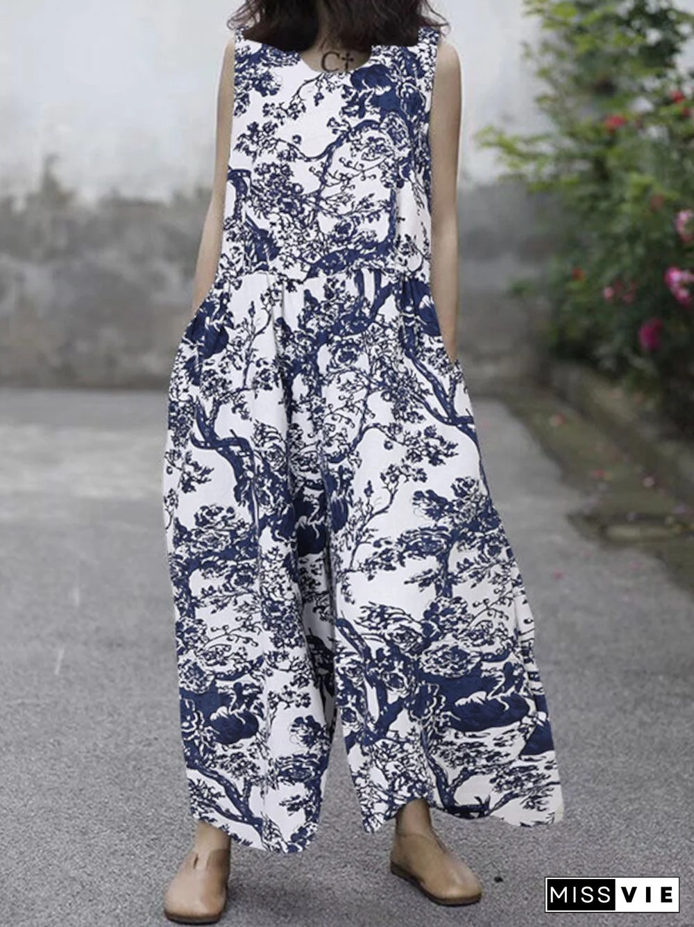 Plant Print Pocket Sleeveless Wide Leg Casual Jumpsuit