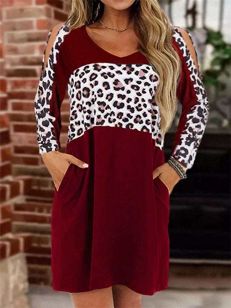 Leopard Color Block Cold Shoulder Mini Dress