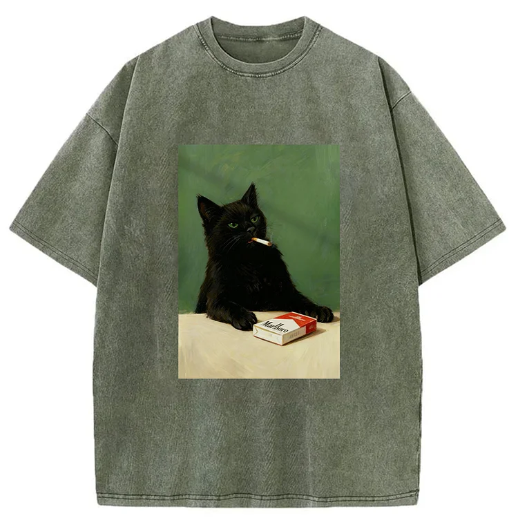 Tokyo-Mood Vintage Smoking Cat Art Washed Unisex T-Shirt