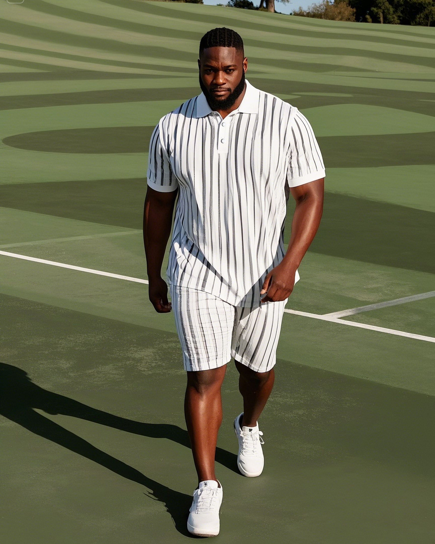 Big Men Business Daily Casual Polo Shirt Striped Striped Short Sleeve Polo Shirt Shorts Suit