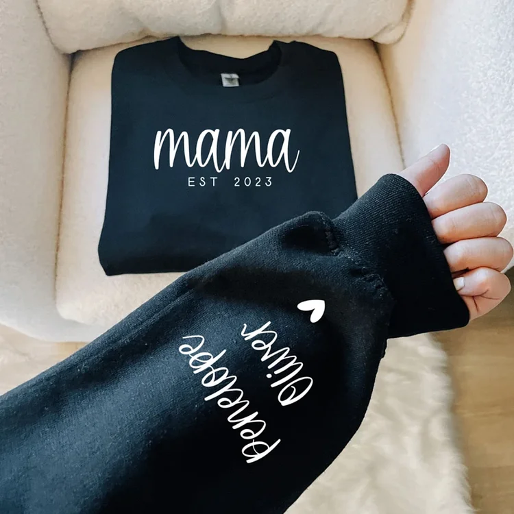 Custom Minimalist Mama Sweatshirt with Date and Children Name on Sleeve