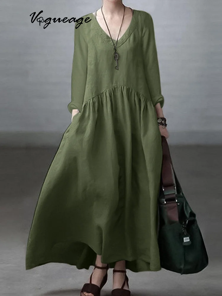 Fashion Long-Sleeved Casual Solid Color Loose Cotton And Linen Dress