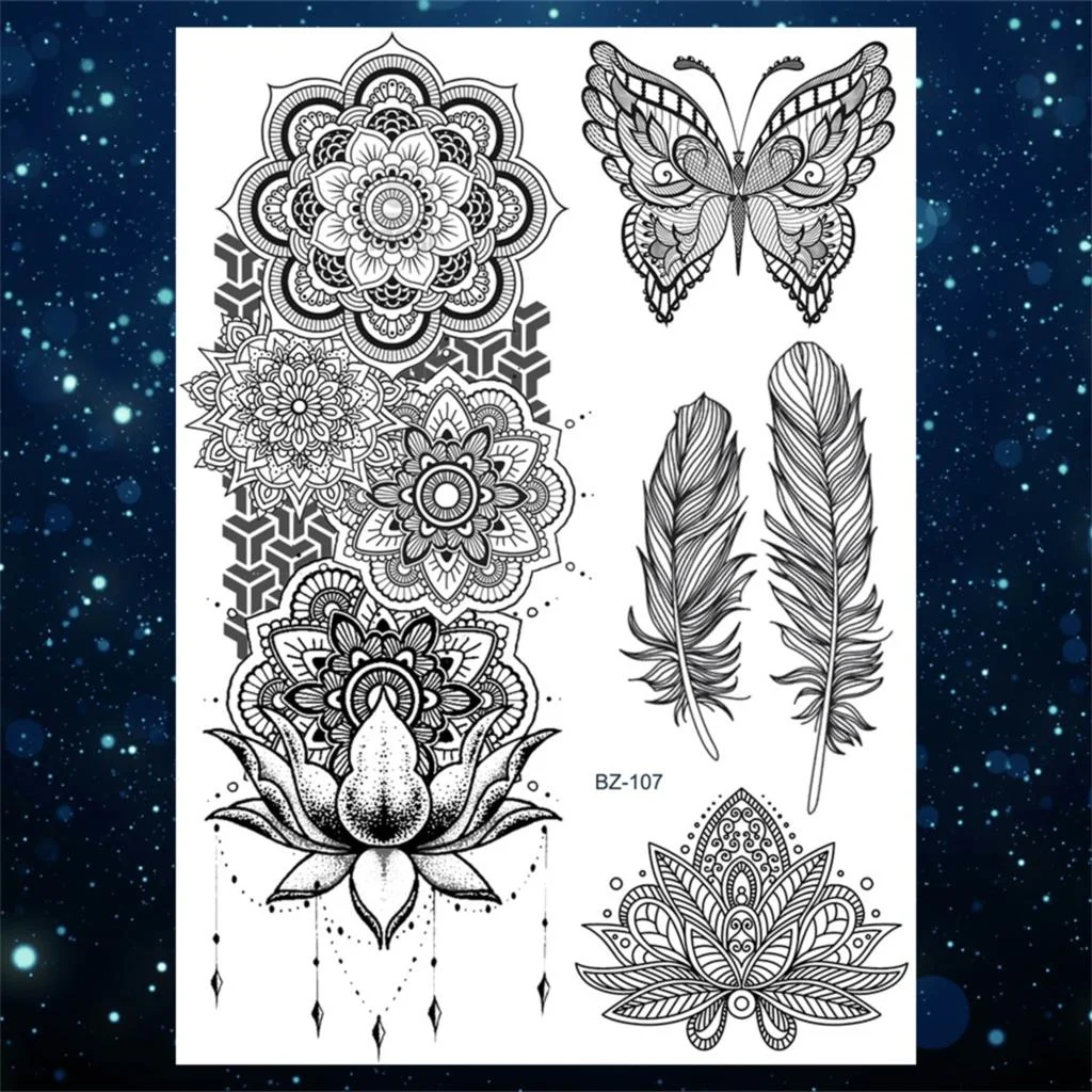 Sdrawing Henna Temporary Tattoos For Women Girls Feather Butterfly DreamCatcher Fake Gem Tattoo Sticker Chest Arm Tatoos Tribal