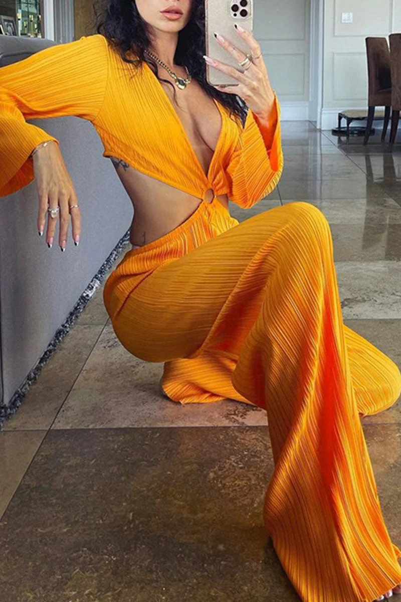 Sexy Solid Hollowed Out Split Joint V Neck Straight Jumpsuits