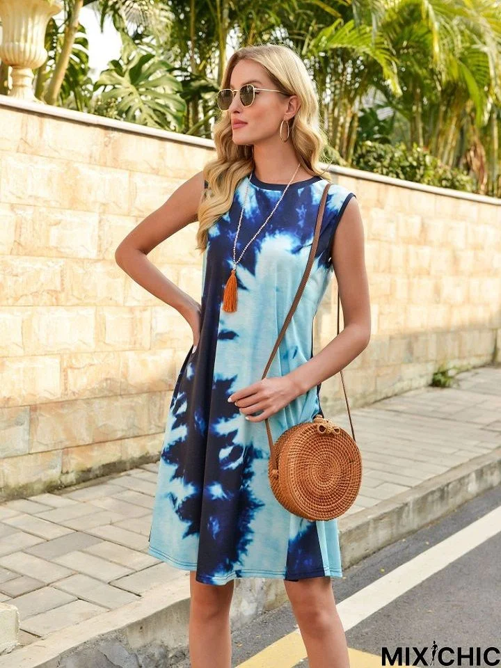 Printed Round Neck Sleeveless Loose Dress