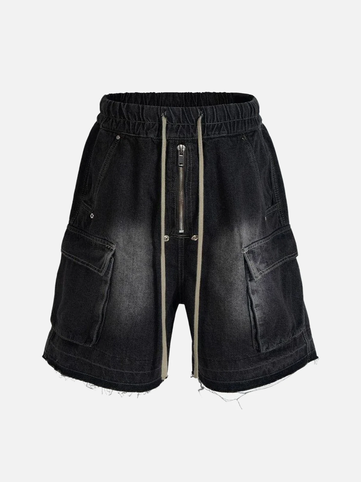 Black Gradient Washed Multi Pocket Drawstring Jorts Front