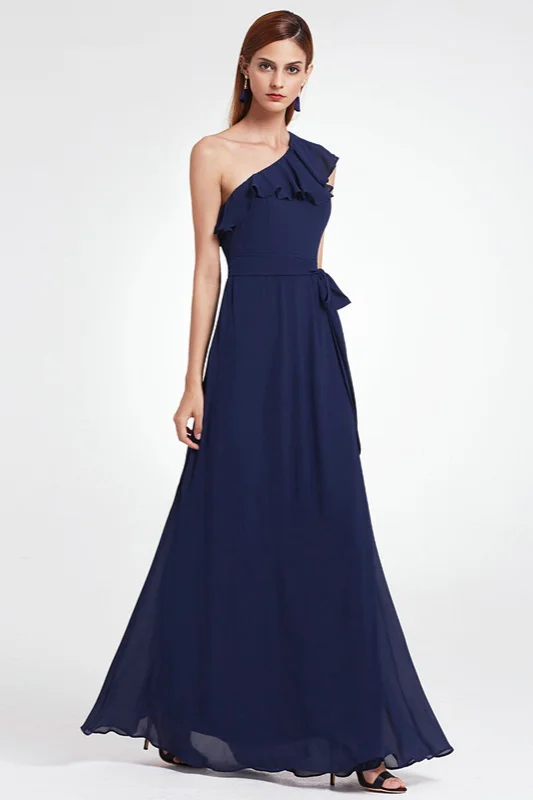 Navy Blue One Shoulder Mermaid Ruffles Long Evening Prom Dress