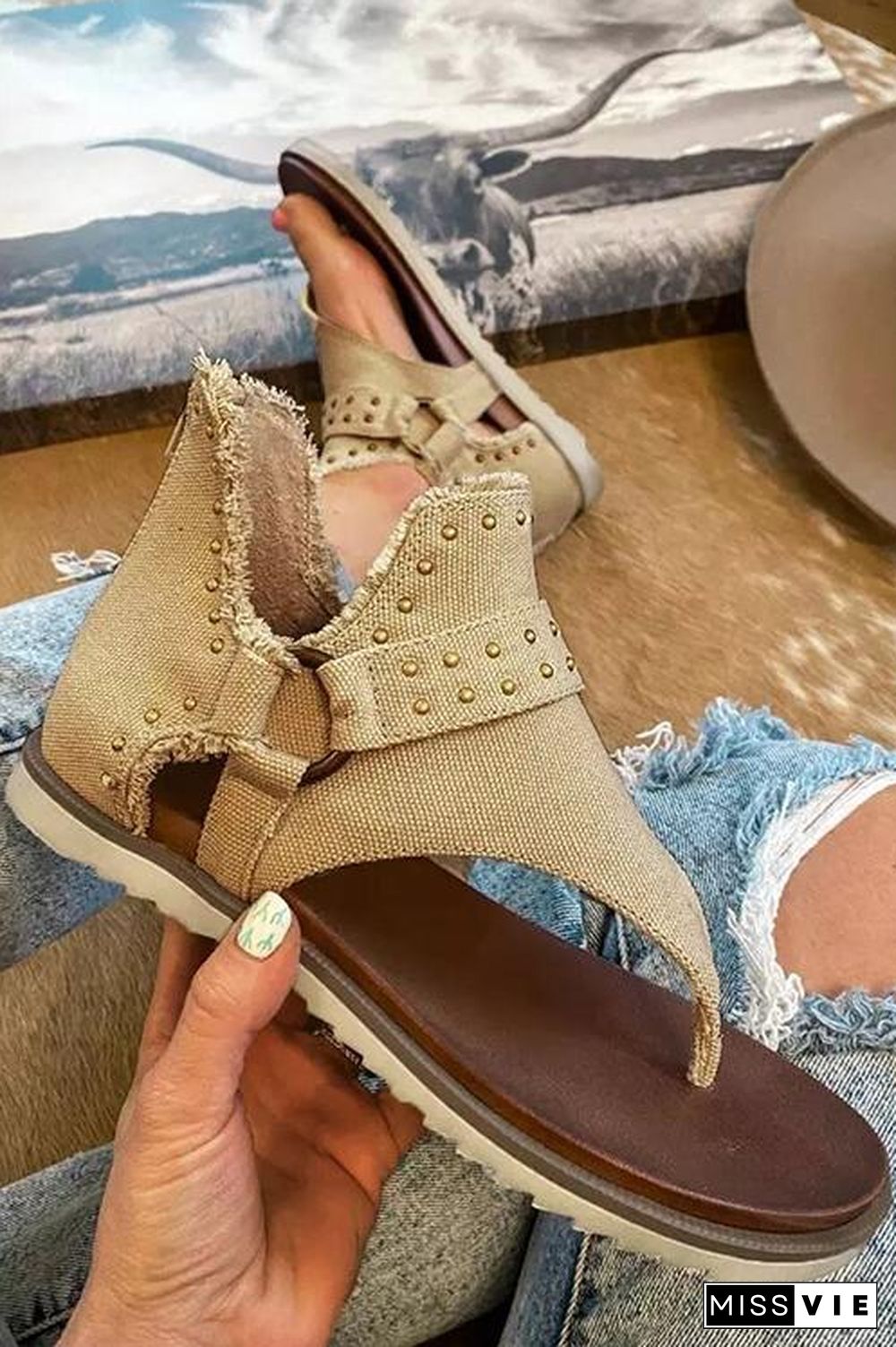 Buckle Flip-Flops Canvas Flat Heel Sandals