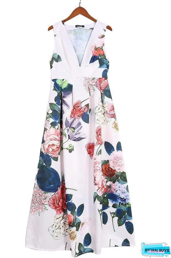 Autumn And Winter Sexy V-Neck Print Sleeveless High Waist Evening Dress