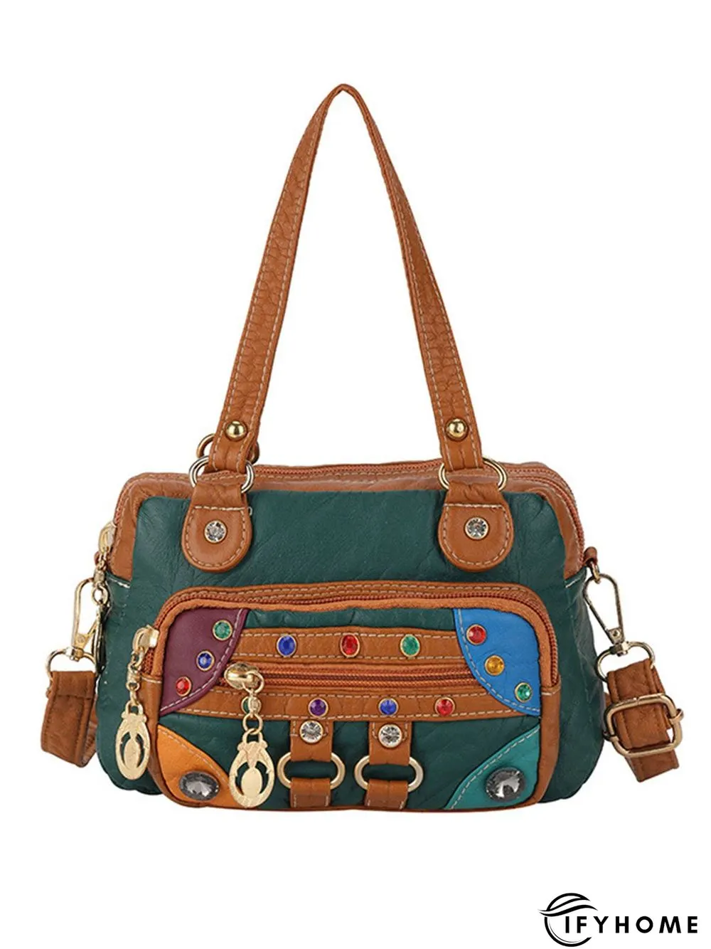Retro Ethnic Style Mosaic Rhinestone Zipper Messenger Bag | IFYHOME