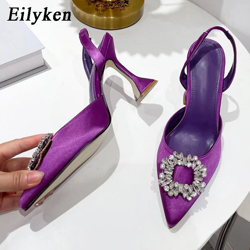 Eilyken Fashion Brand Women Pumps Crystal Slingback Summer Pointed Toe Comfortable Triangle Heeled Party Wedding Bride Shoes