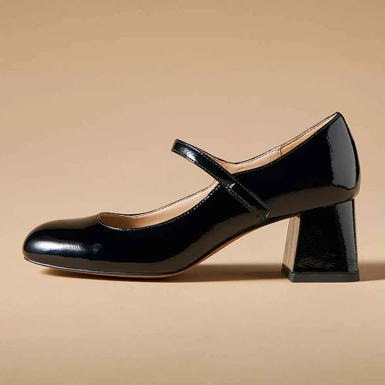 Black Patent Leather Pumps Classic Chunky Heel Mary Jane Shoes |FSJ Shoes