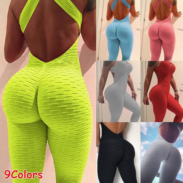 Women Hollow Out Halter Backless Lift The Hips Bodysuit Yoga Sport Jumpsuit Romper Trousers Leggings Fitness Sets 9 Colors - Life is Beautiful for You - SheChoic