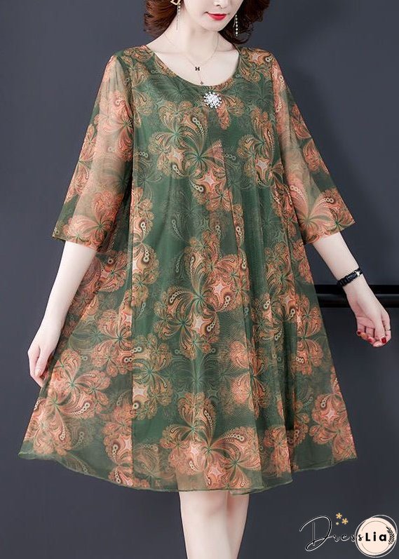 Loose Orange O Neck Print Tulle Dress Summer