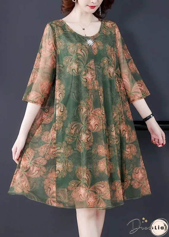 Loose Orange O Neck Print Tulle Dress Summer