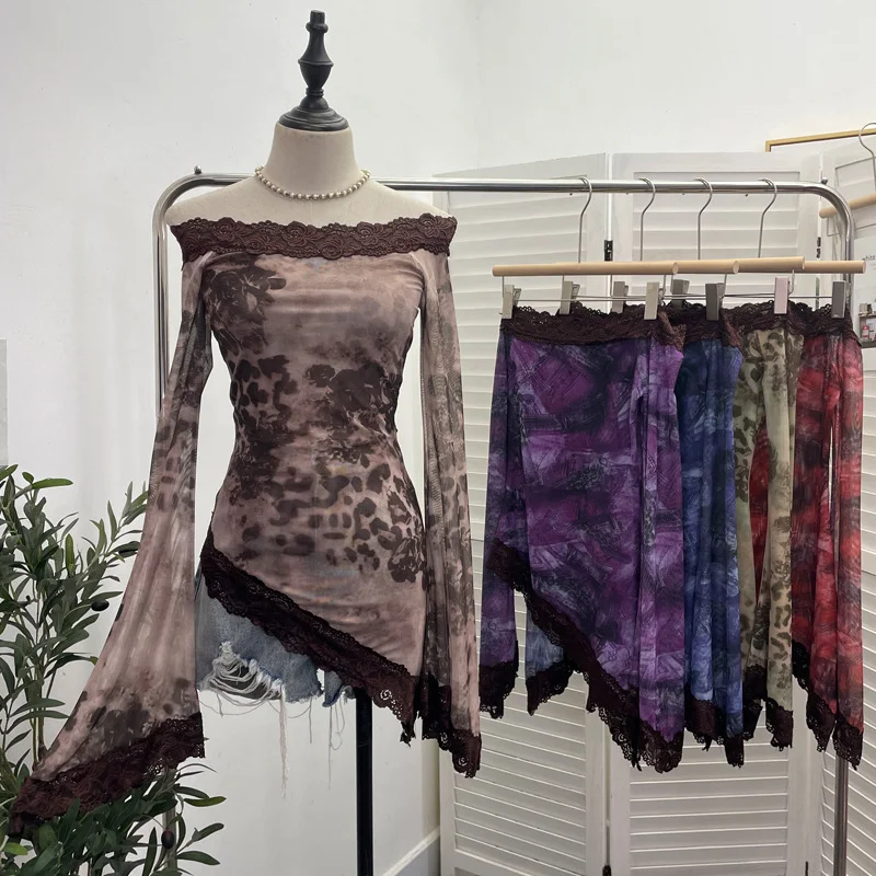 Uveng Tie-Dyed Leopard Print Lace Spliced Double-Layer Mesh Shoulder Irregular Loudspeaker Top 9912