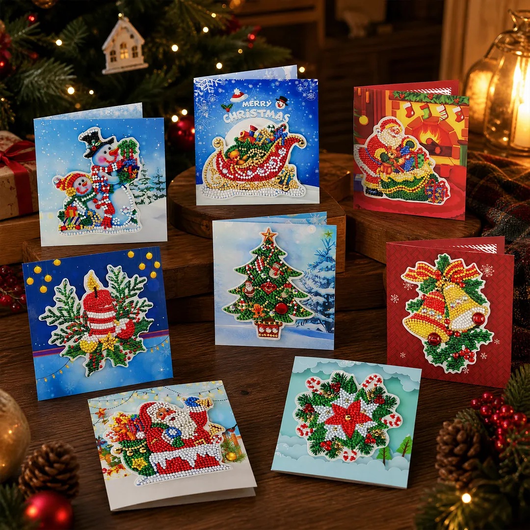 8PCS Christmas Atmosphere DIY Diamond Painting Greeting Card Kits with Envelopes Diamond Art Greeting Cards Diamond Art Cards Kits for Adults DIY Crafts Family Friend Gifts