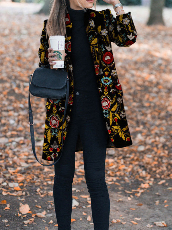 Winter Flower Print Pattern Coats Long Sleeve Vintage Coat Casual Women Slim Jacket Female