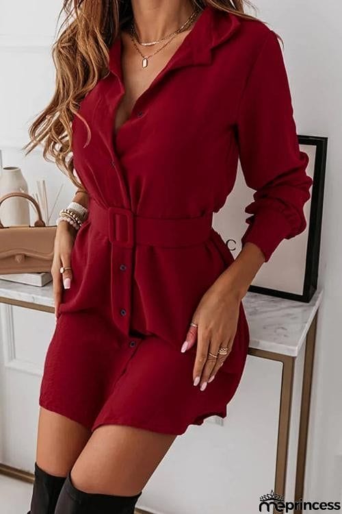 Button Long Sleeve Shirt Mini Dress With Belt