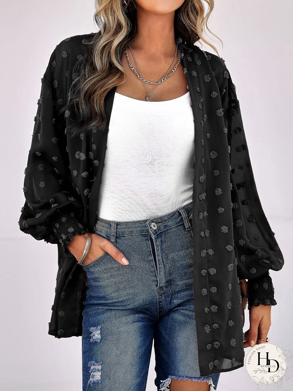 Cardigans Casual Jacquard Long Sleeve Chiffon Cardigan for Women