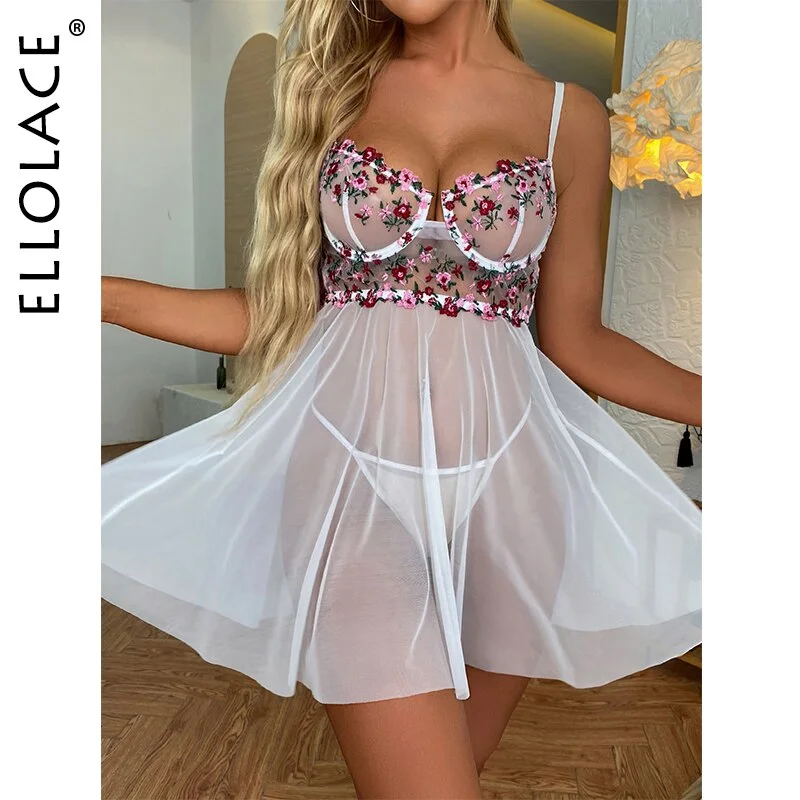 Billionm Lace Night Dress Floral Embroidery Sexy Sleepwear Deep-V Neck Nightwears For Ladies Transparent Mini Dress Thongs