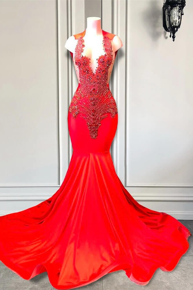 Bellasprom Red Sleeveless V-Neck Mermaid Prom Dress With Beadings Bellasprom