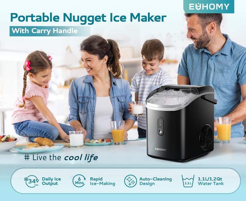 Product Introduction of EUHOMY Nugget Ice Maker Countertop with Handle, Ready in 6 Mins, 33lbs/24H, Removable Top Cover, Auto-Cleaning, Portable Pebble Ice Maker with Basket and Scoop, for Home/Kitchen/Party/Camping 0