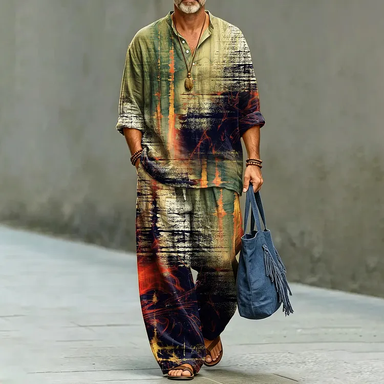 Men's Retro Abstract Art Print Casual Shirt And Pants Two Piece Set