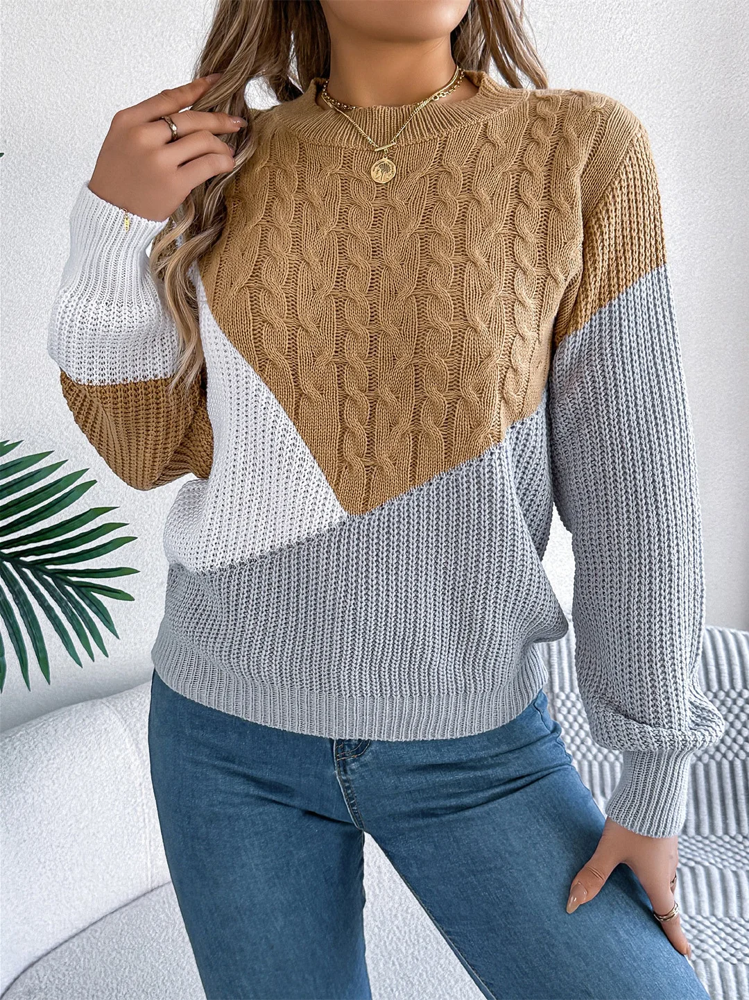 Women's Long Sleeve Scoop Neck Colorblock Printed Tops