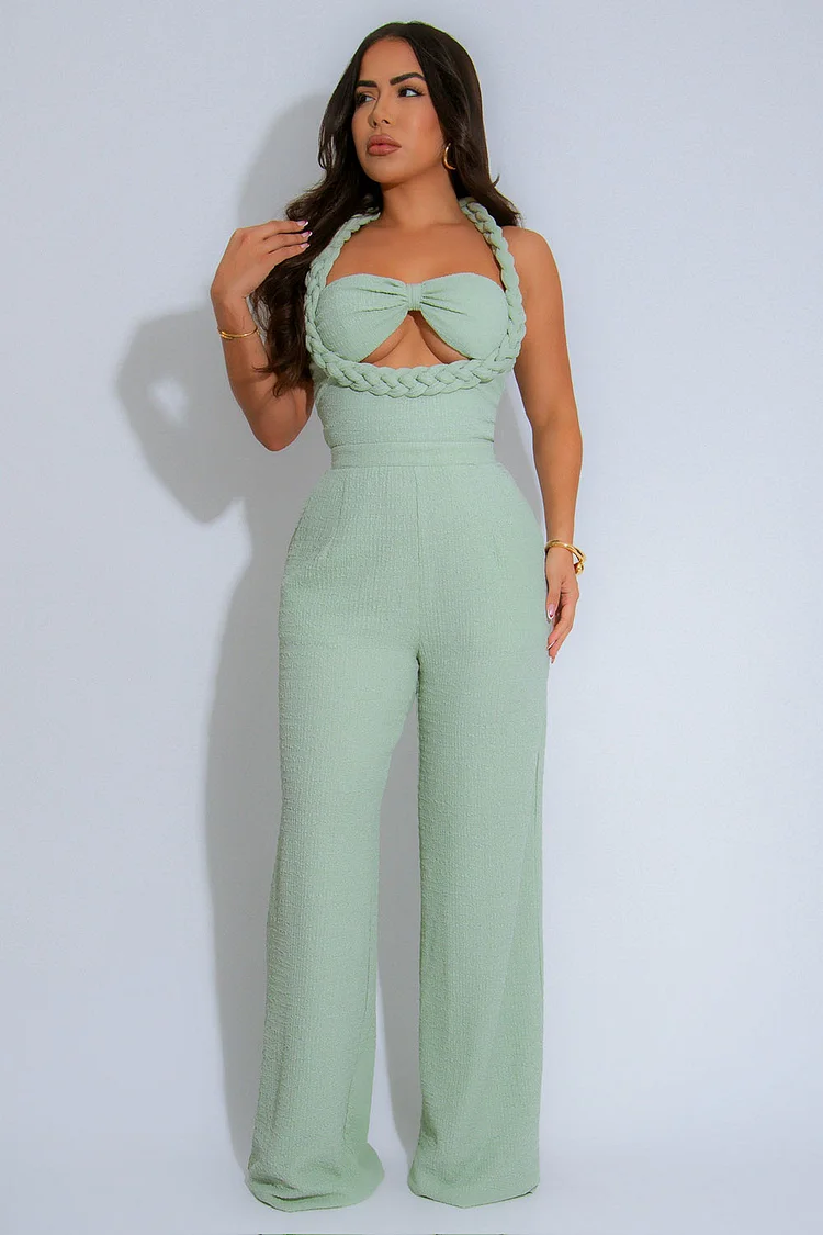 Braid Halter Backless Bow Cutout Cinched Wide Leg Jumpsuit-Green