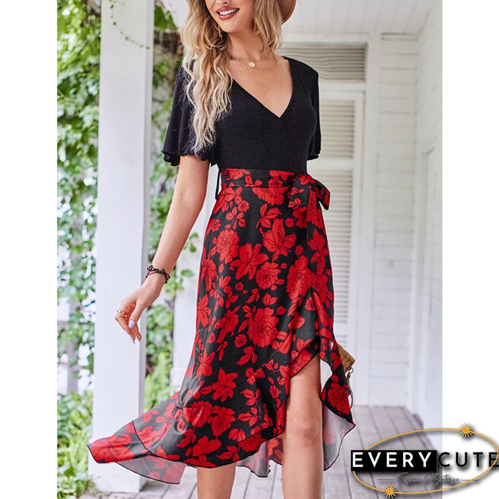 Red Floral Print Splicing V Neck Dress with Slit