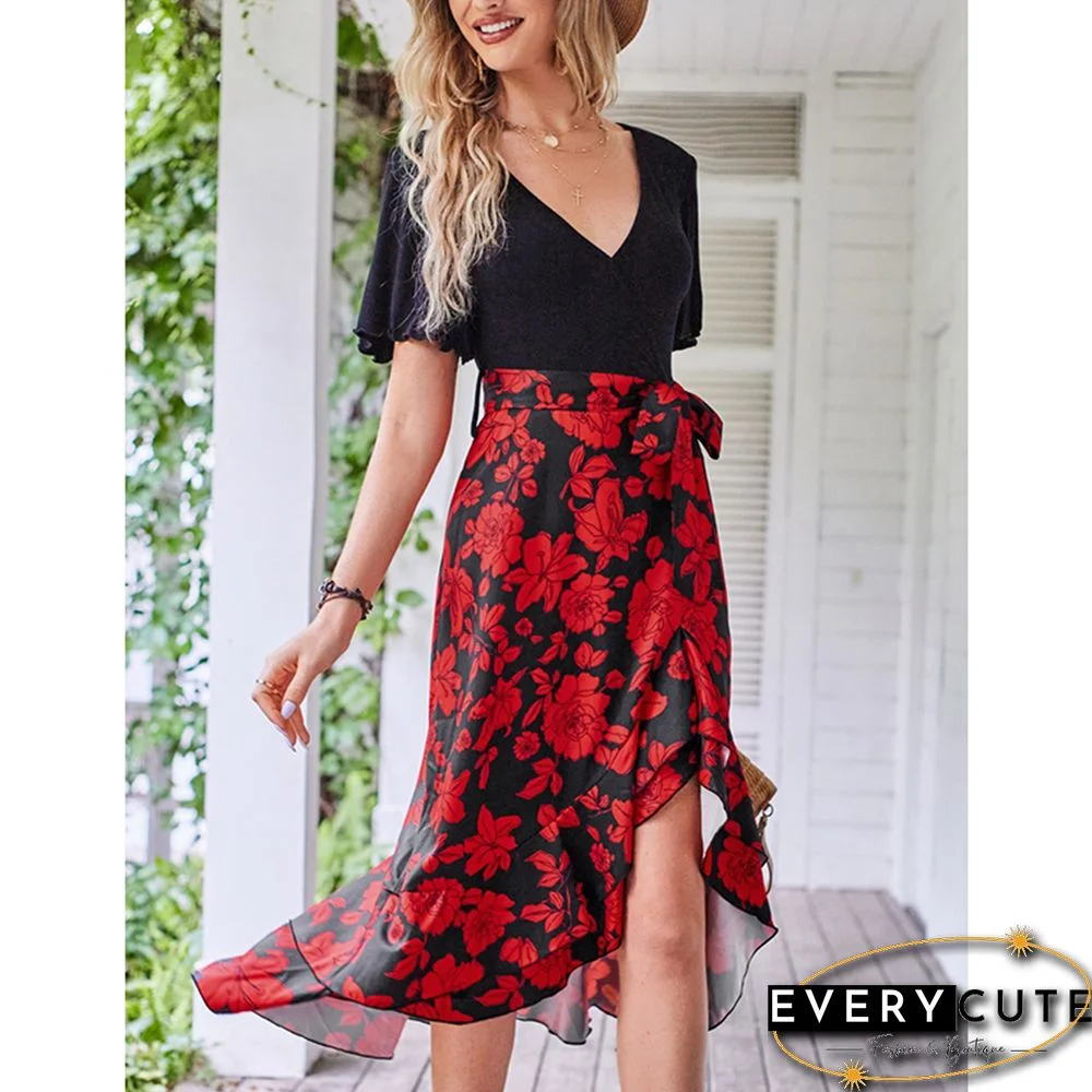 Red Floral Print Splicing V Neck Dress with Slit