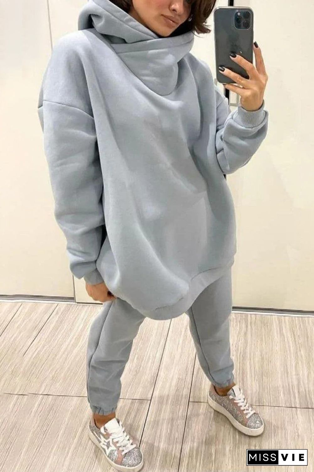 Casual Solid Pocket Hooded Collar Long Sleeve Two Pieces