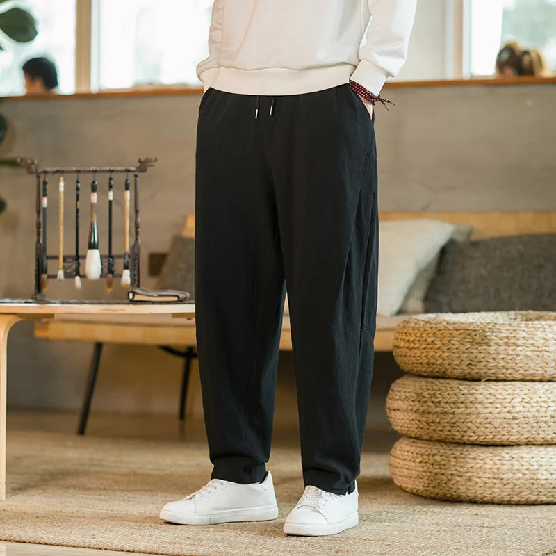 Woherb Chinese Style Men's Pants 2024 New Summer Linen Pants Loose Trend Cotton Linen Small Feet Harun Casual Pants-Outfit Ideas