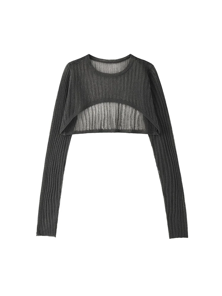 New Spring Autumn Stylish Korean Loose Casual Sexy Thin O-Neck Crop Tops long sleeve Blouse Knitted Pullovers Party Streetwear