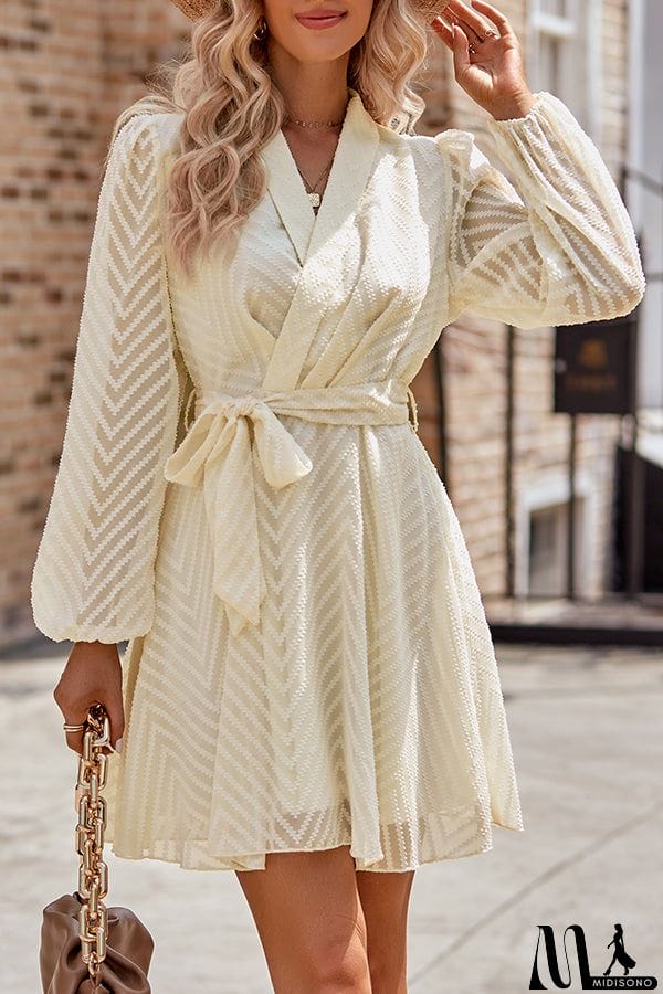 MidiSono - Striped Lace Cutout Belted Long Sleeve Mini Dress