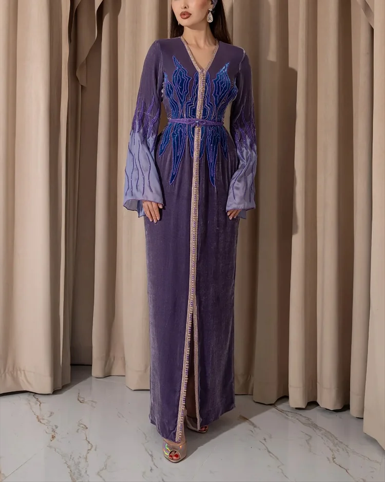 Women's V-neck long-sleeved slit Dress