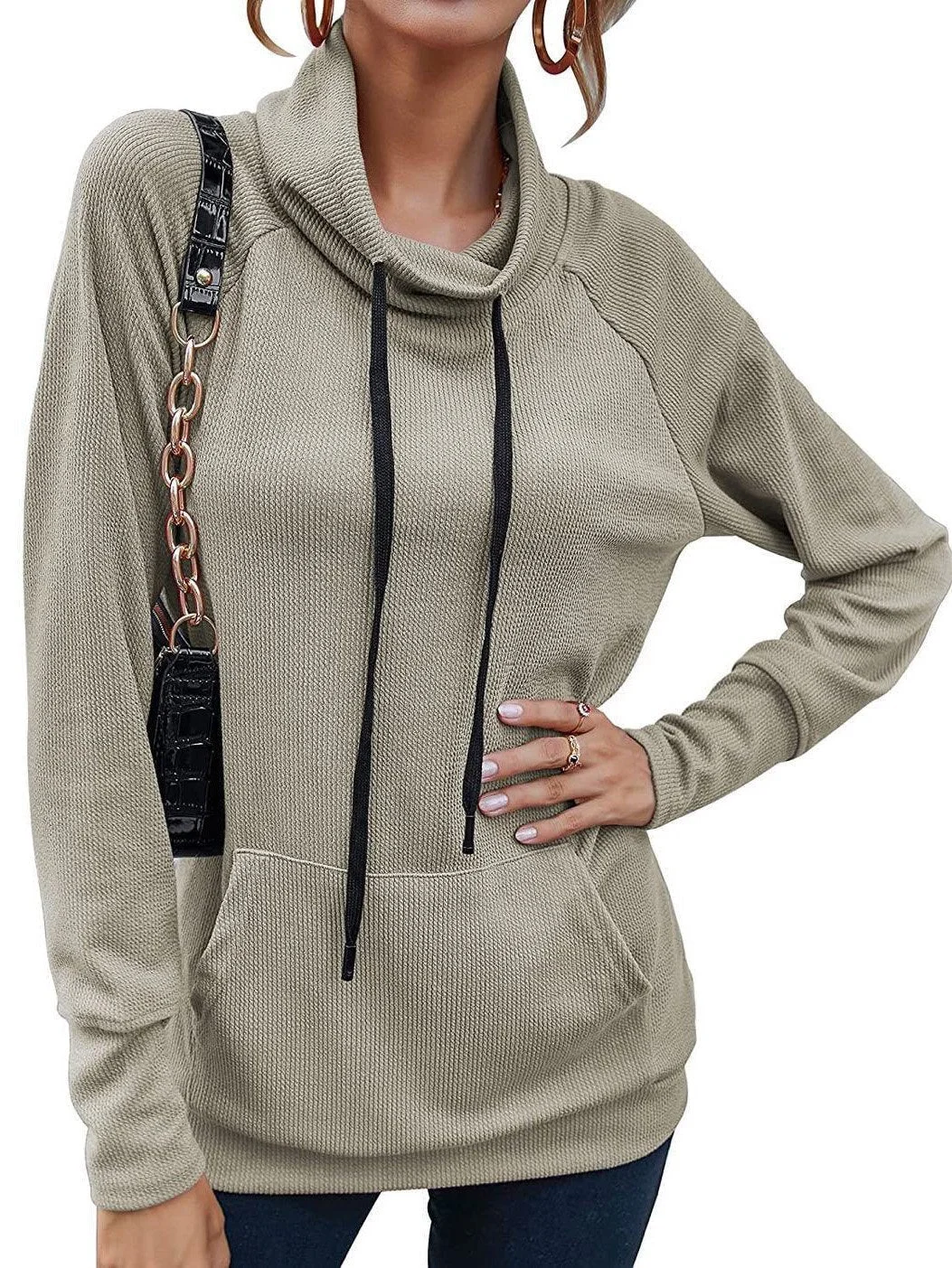Women's Casual High Neck Long Sleeve Sweater With Drawstring Hood Top