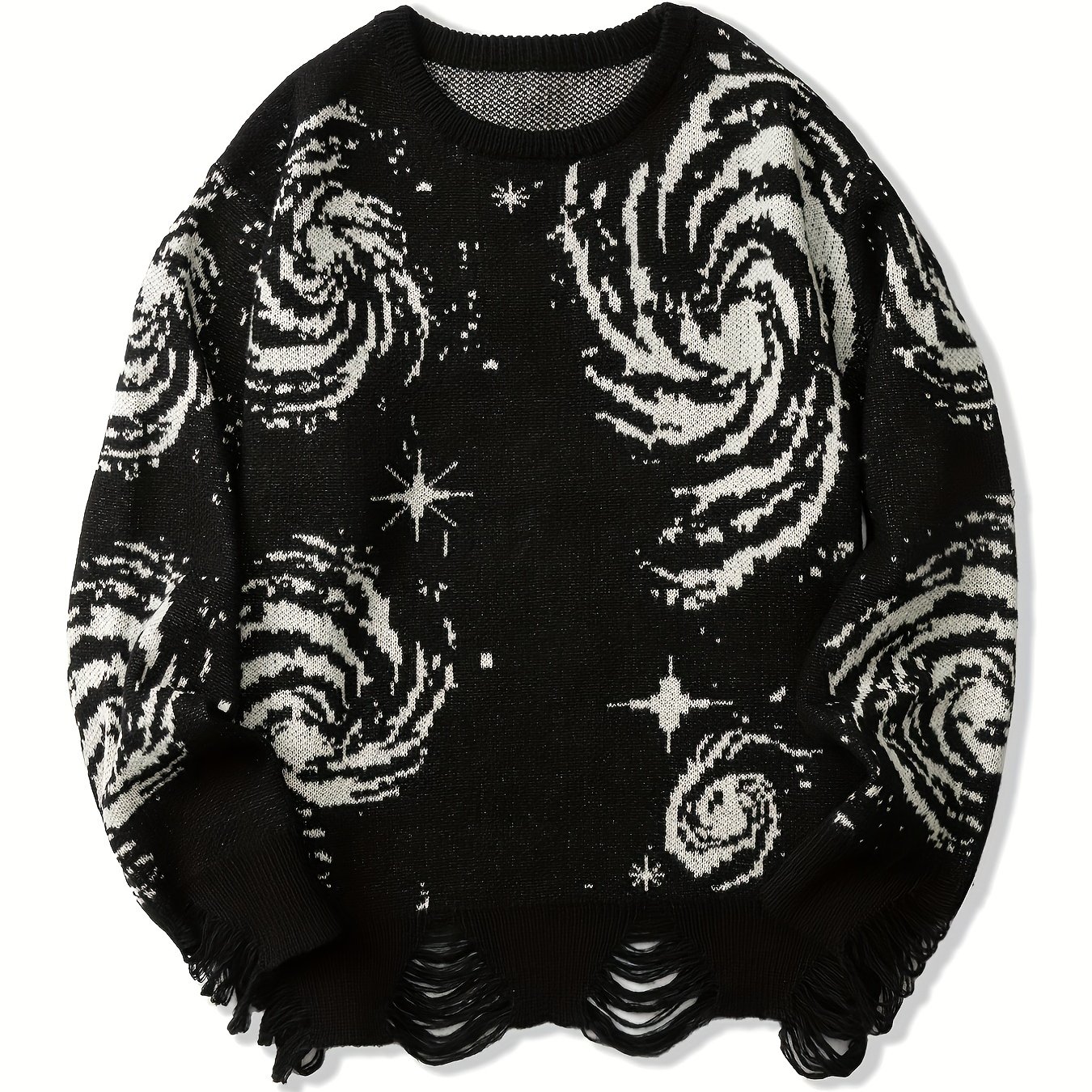 All Match Knitted Galaxy Pattern Sweater, Men's Casual Warm Slightly Stretch Crew Neck Pullover Sweater For Fall Winter